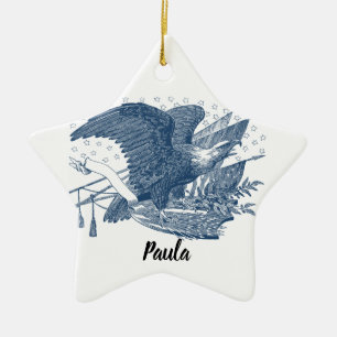 Vintage Patriotic Screaming Eagle USA Flag Arrows Ceramic Tree Decoration