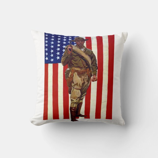 Vintage Patriotic Soldier with American Flag Cushion (Front)
