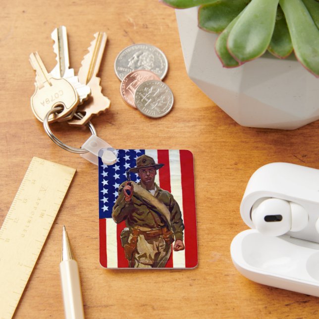 Vintage Patriotic Soldier with American Flag Key Ring (Desk)