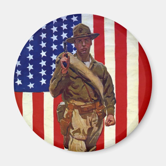 Vintage Patriotic Soldier with American Flag Magnet (Front)