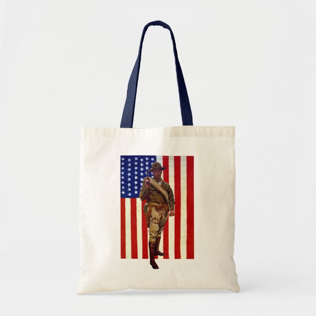 Vintage Patriotic Soldier with American Flag Tote Bag (Front)