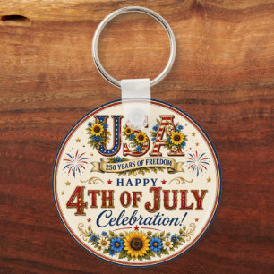 Vintage Patriotic Sunflower 4th of July 250 Years Key Ring