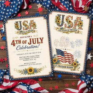 Vintage Patriotic Sunflower USA 250 Years Party Invitation