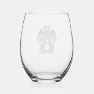 Vintage Patriotic Teddy Bear Vector Design_1 Stemless Wine Glass