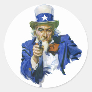 Vintage Patriotic Uncle Sam with Star Hat and Gun Classic Round Sticker