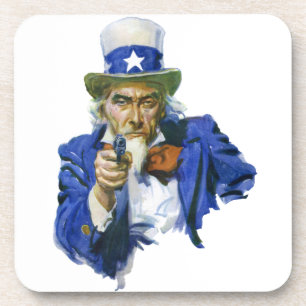 Vintage Patriotic Uncle Sam with Star Hat and Gun Coaster