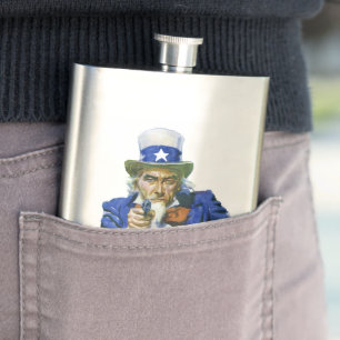 Vintage Patriotic Uncle Sam with Star Hat and Gun Hip Flask