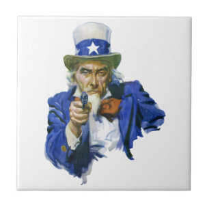 Vintage Patriotic Uncle Sam with Star Hat and Gun Tile
