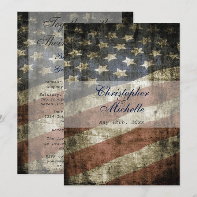 Vintage Patriotic US Flag Wedding RSVP and Invitation (Front/Back)