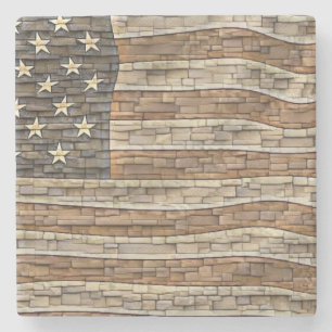 Vintage Patriotic USA Flag on Stone Wall Coaster