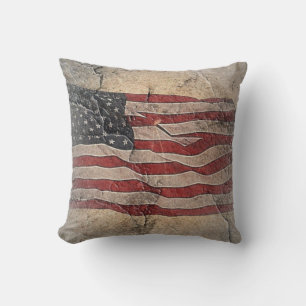 Vintage Patriotic USA Flag on Stone Wall Cushion
