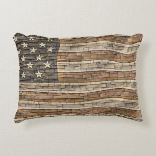 Vintage Patriotic USA Flag on Stone Wall Decorative Cushion