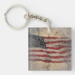 Vintage Patriotic USA Flag on Stone Wall Key Ring