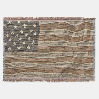 Vintage Patriotic USA Flag on Stone Wall Throw Blanket