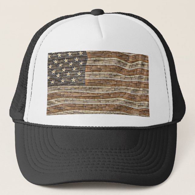 Vintage Patriotic USA Flag on Stone Wall Trucker Hat (Front)