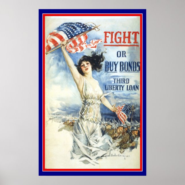 Vintage Patriotic Woman w American Flag Poster Art (Front)
