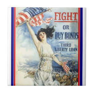 Vintage Patriotic Woman w American Flag Poster Art Tile