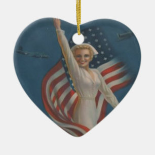 Vintage Patriotic WW2 Army Nurse with Flag Ceramic Tree Decoration