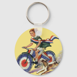 Vintage Patriotism, Girl Riding a Patriotic Bike Key Ring