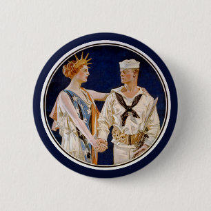 Vintage Patriotism, Lady Liberty with Navy Seaman 6 Cm Round Badge