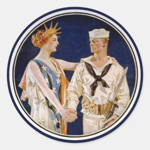 Vintage Patriotism, Lady Liberty with Navy Seaman Classic Round Sticker