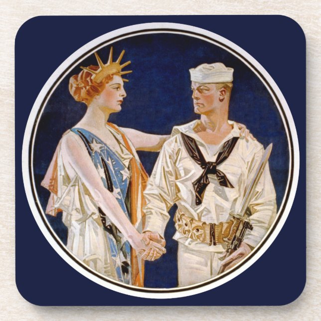 Vintage Patriotism, Lady Liberty with Navy Seaman Coaster (Front)
