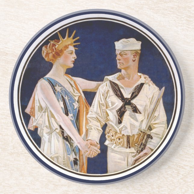 Vintage Patriotism, Lady Liberty with Navy Seaman Coaster (Front)