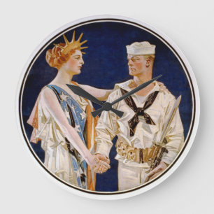 Vintage Patriotism, Lady Liberty with Navy Seaman Large Clock