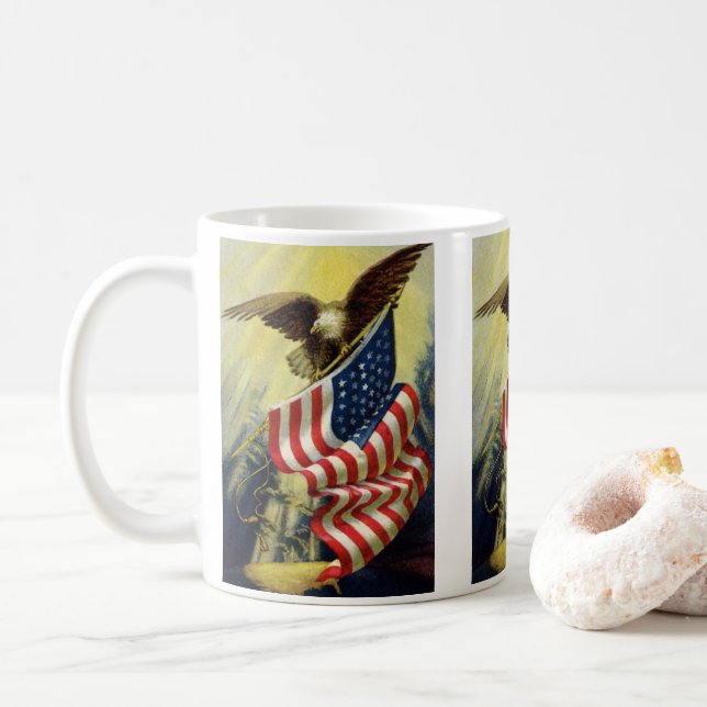 Vintage Patriotism, Patriotic Eagle American Flag Coffee Mug (With Donut)