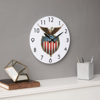 Vintage Patriotism, Proud Eagle over American Flag Large Clock