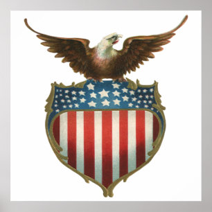Vintage Patriotism, Proud Eagle over American Flag Poster