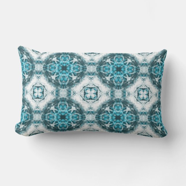 Vintage pattern, abstract flowers, teal, white lumbar cushion (Front)