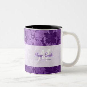 Vintage Pattern Custom Initial White Purple Two-Tone Coffee Mug