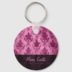 Vintage Pattern Custom Name Pink Key Ring