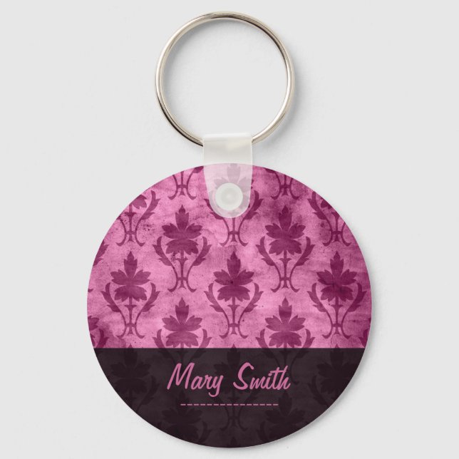 Vintage Pattern Custom Name Pink Key Ring (Front)