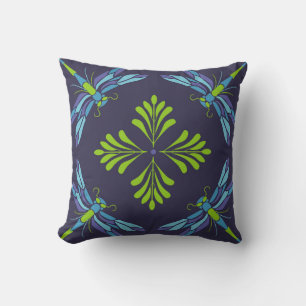 Vintage pattern green blue dragonfly on dark backg cushion