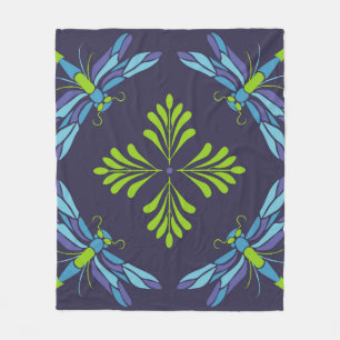 Vintage pattern green blue dragonfly on dark backg fleece blanket
