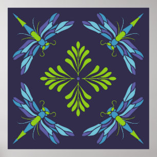 Vintage pattern green blue dragonfly on dark backg poster