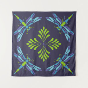 Vintage pattern green blue dragonfly on dark backg tapestry
