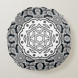 Vintage pattern on blue background with white elem round cushion