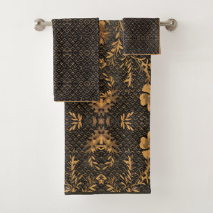 Vintage Pattern Traditional Gold Motif Dark Brown Bath Towel Set