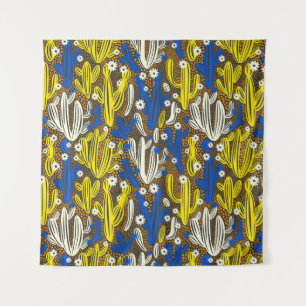Vintage pattern with cactus on black background. S Tapestry