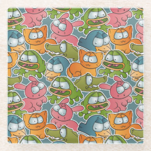 Vintage pattern with cartoon animals glass coaster