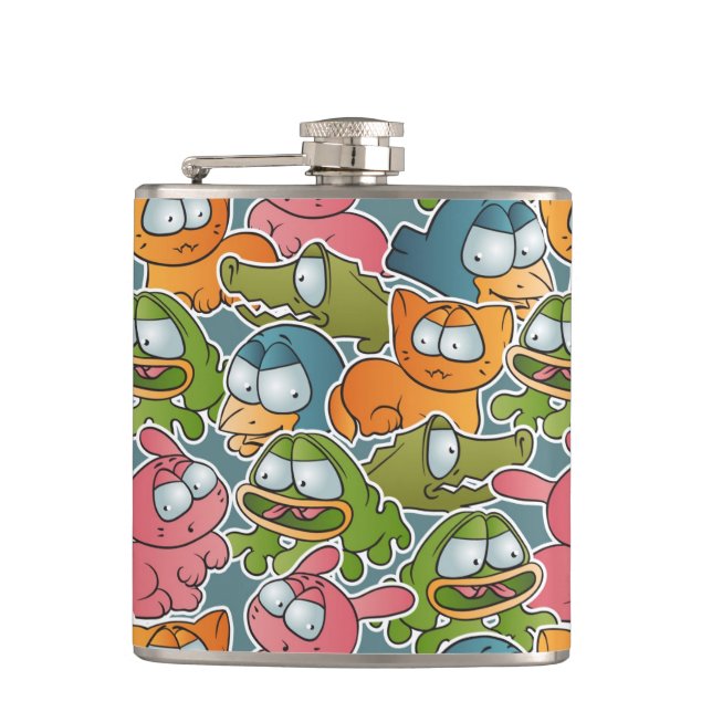 Vintage pattern with cartoon animals hip flask (Front)