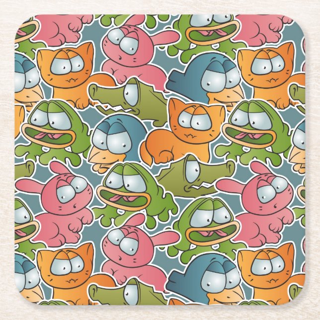 Vintage pattern with cartoon animals square paper coaster (Front)
