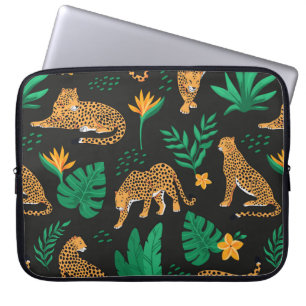 Vintage pattern with leopards and tropical leaves  laptop sleeve