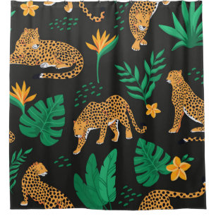 Vintage pattern with leopards and tropical leaves shower curtain