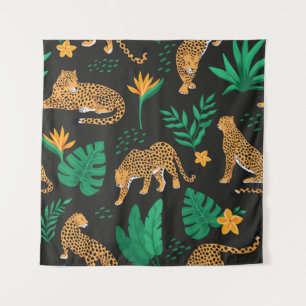 Vintage pattern with leopards and tropical leaves tapestry