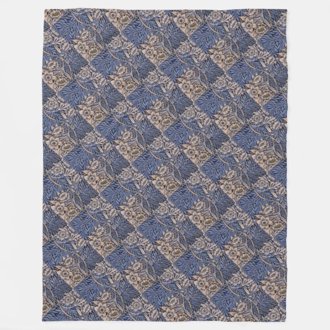 Vintage Patterned Blue and Gold Fleece Blanket (Front)