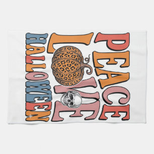 Vintage Peace Love Halloween Pumpkin Skull Design_ Tea Towel